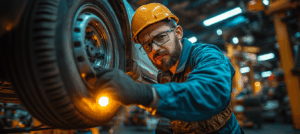 整備士が車両の状態を点検する様子