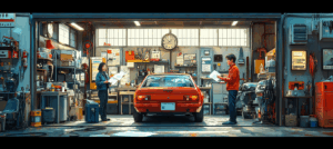 車検の合格ステッカーと整備風景の2画面構成の写真