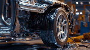 車体構造の損傷部分を確認する様子