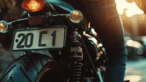 バイクのナンバープレートを装着する様子