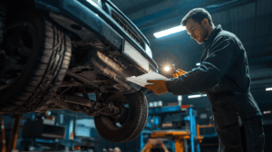 整備士が中古車の下回りを点検している様子