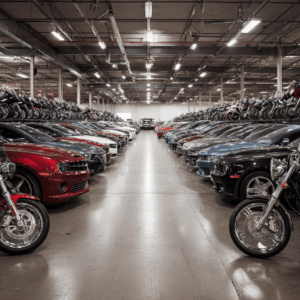 多数の中古車が並ぶオークション会場のイメージ