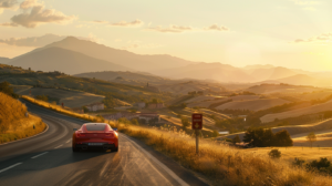 海外の風景の中を走る車